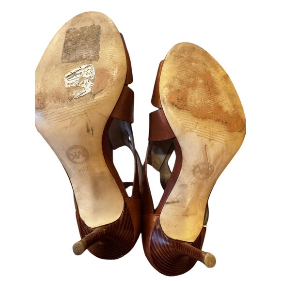 Michael by Michael Kors Womens 7.5M Anya Brown Leather Zipper Buckle Strap Heels - Picture 10 of 13